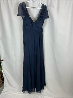 Dessy Collection Navy Chiffon Maxi with Sheer Cap Sleeves